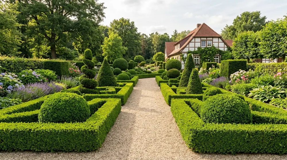 Exakt geschnittene Buchsbaumhecken an einem Gartenweg