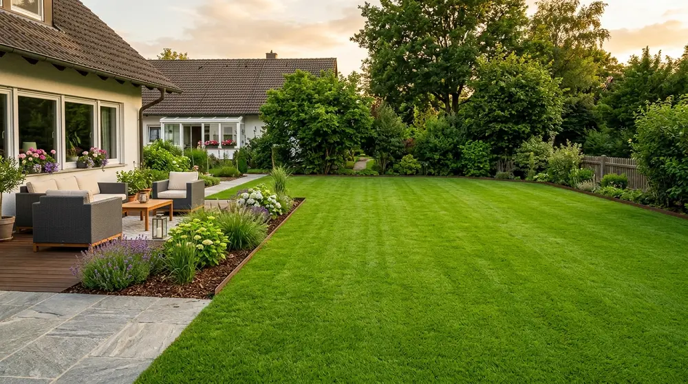 Frisch verlegter Rollrasen im Garten