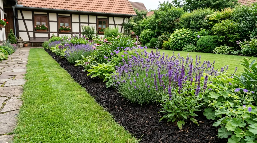 Gepflegtes Beet mit frischem Mulch und Lavendel
