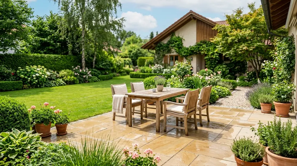 Gereinigte Natursteinterrasse mit Gartenmöbeln