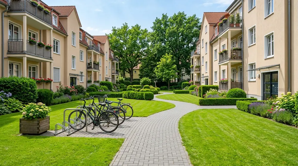 Gepflegte Außenanlage einer Wohnanlage